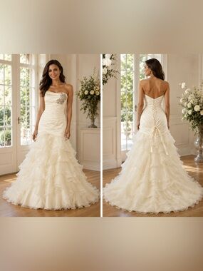 Y2K Strapless Ivory Ruffled Bridal Gown with Beaded Detail